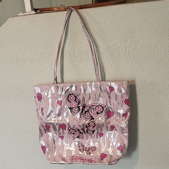 Ed Hardy Pink and Silver Butterfly Heart Tote - Picture 3 of 12